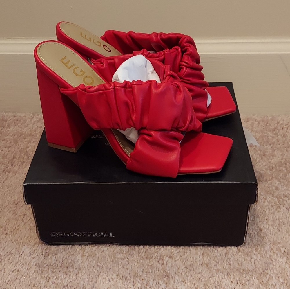 EGO Red Criscrossed Scruchy Style Block Heel Shoe
